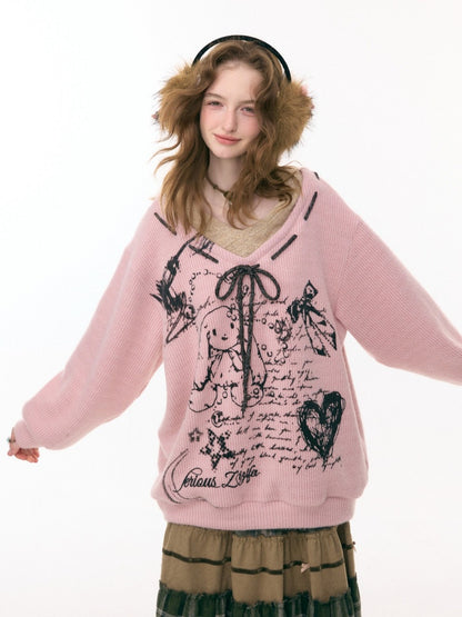 ''Velvet Rabbit Ink Mark Broken Pen''Rabbit Print V-Neck Belt Loose Lazy Style Sweater【s0000015285】