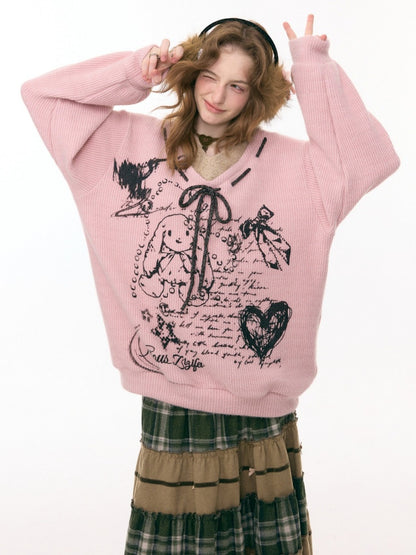 ''Velvet Rabbit Ink Mark Broken Pen''Rabbit Print V-Neck Belt Loose Lazy Style Sweater【s0000015285】