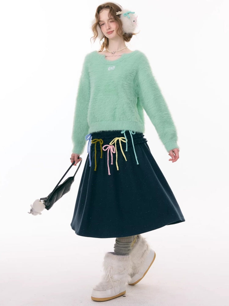 Small Bow Tie Warm  Soft Plush Thick Lazy Chain Loose Sweater【s0000015286】