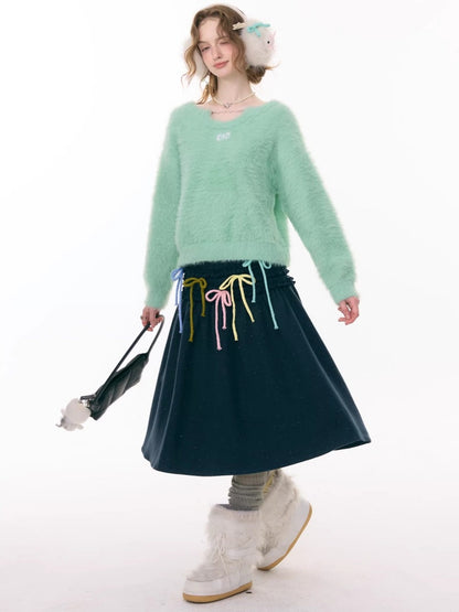 Small Bow Tie Warm  Soft Plush Thick Lazy Chain Loose Sweater【s0000015286】