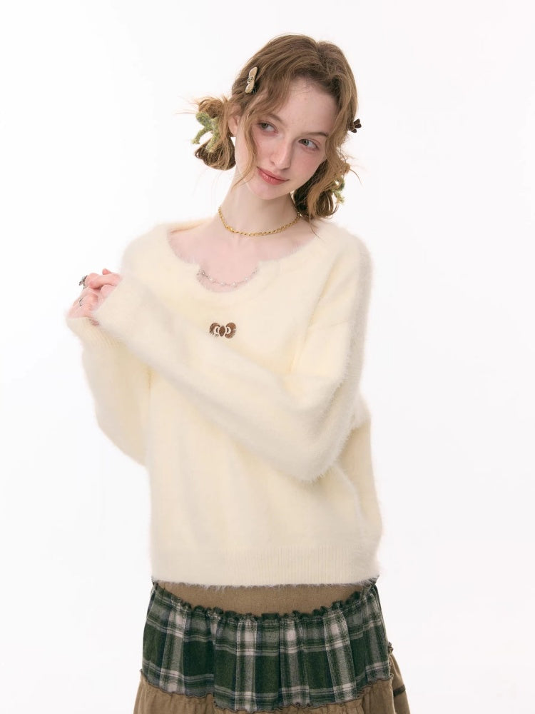 Small Bow Tie Warm  Soft Plush Thick Lazy Chain Loose Sweater【s0000015286】