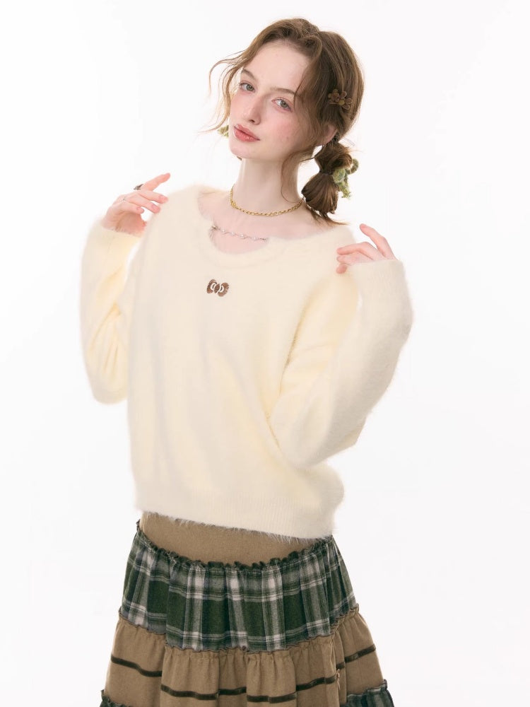 Small Bow Tie Warm  Soft Plush Thick Lazy Chain Loose Sweater【s0000015286】