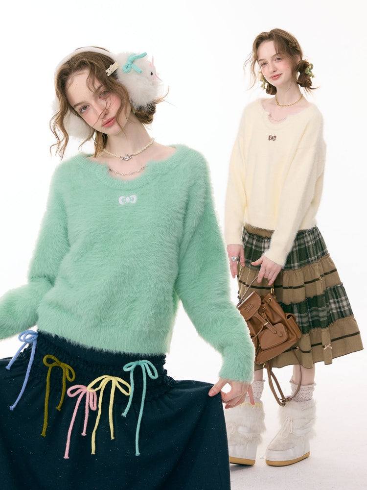 Small Bow Tie Warm  Soft Plush Thick Lazy Chain Loose Sweater【s0000015286】