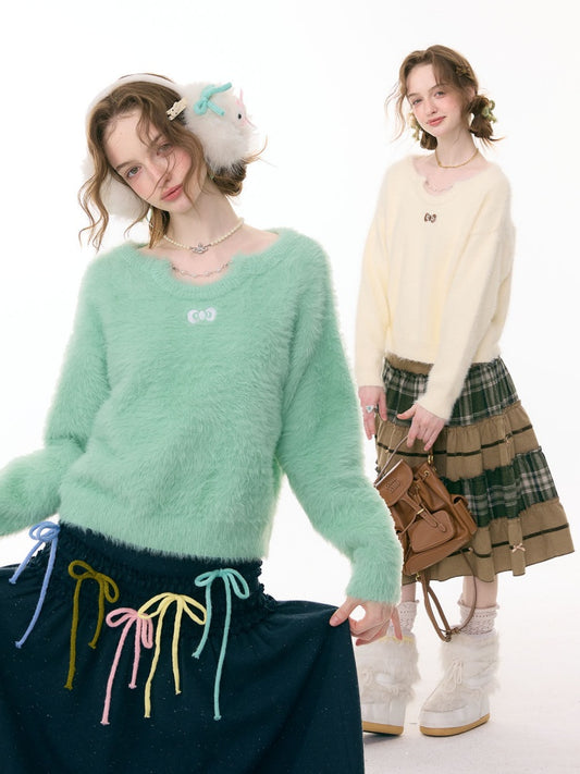 Small Bow Tie Warm  Soft Plush Thick Lazy Chain Loose Sweater【s0000015286】