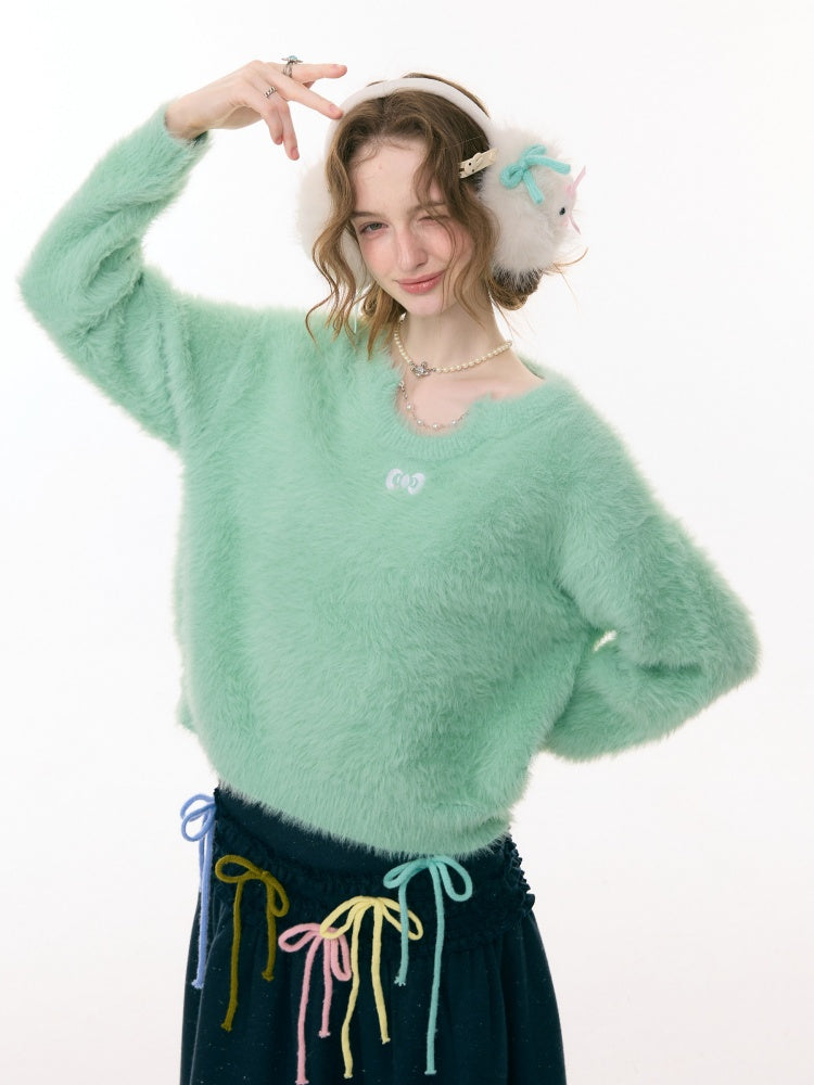 Small Bow Tie Warm  Soft Plush Thick Lazy Chain Loose Sweater【s0000015286】