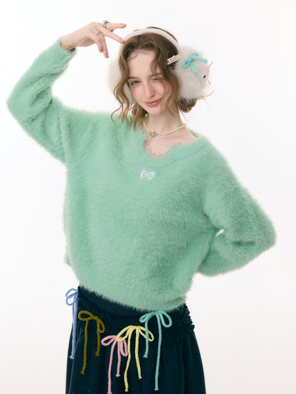 Small Bow Tie Warm  Soft Plush Thick Lazy Chain Loose Sweater【s0000015286】