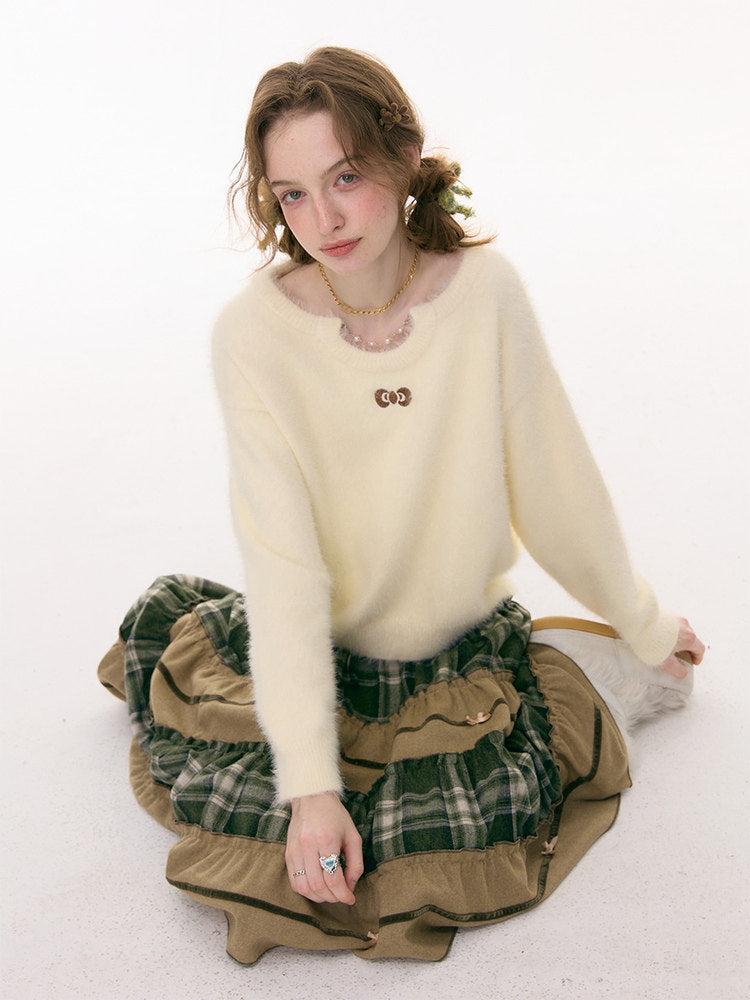 Small Bow Tie Warm  Soft Plush Thick Lazy Chain Loose Sweater【s0000015286】