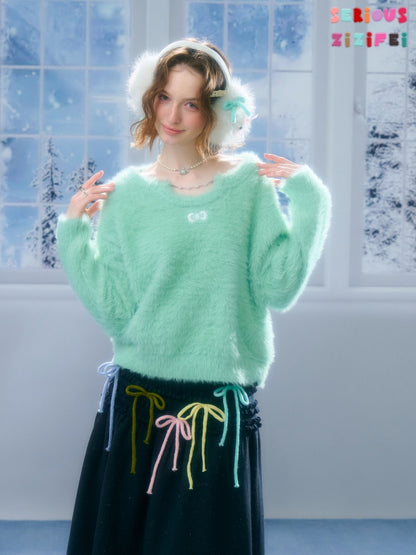 Small Bow Tie Warm  Soft Plush Thick Lazy Chain Loose Sweater【s0000015286】