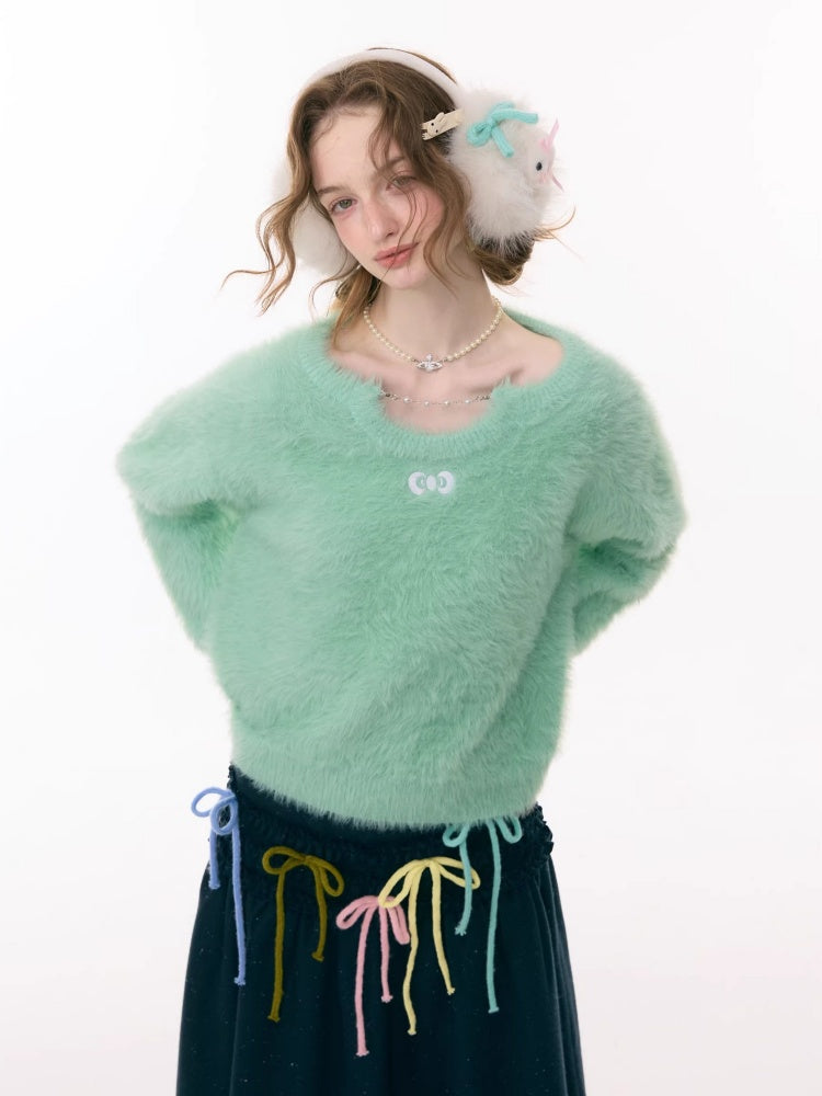Small Bow Tie Warm  Soft Plush Thick Lazy Chain Loose Sweater【s0000015286】
