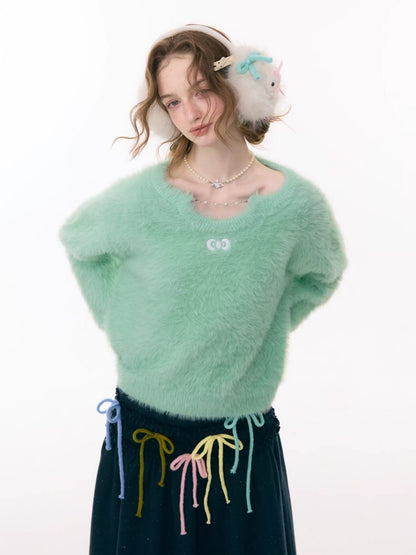Small Bow Tie Warm  Soft Plush Thick Lazy Chain Loose Sweater【s0000015286】