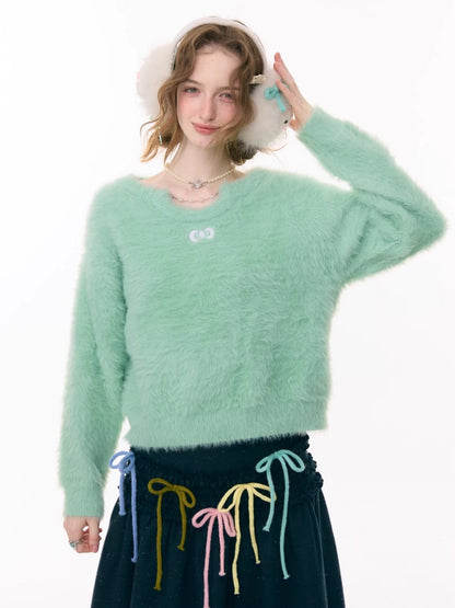 Small Bow Tie Warm  Soft Plush Thick Lazy Chain Loose Sweater【s0000015286】