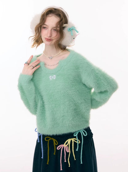 Small Bow Tie Warm  Soft Plush Thick Lazy Chain Loose Sweater【s0000015286】