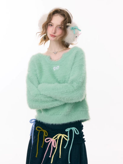 Small Bow Tie Warm  Soft Plush Thick Lazy Chain Loose Sweater【s0000015286】