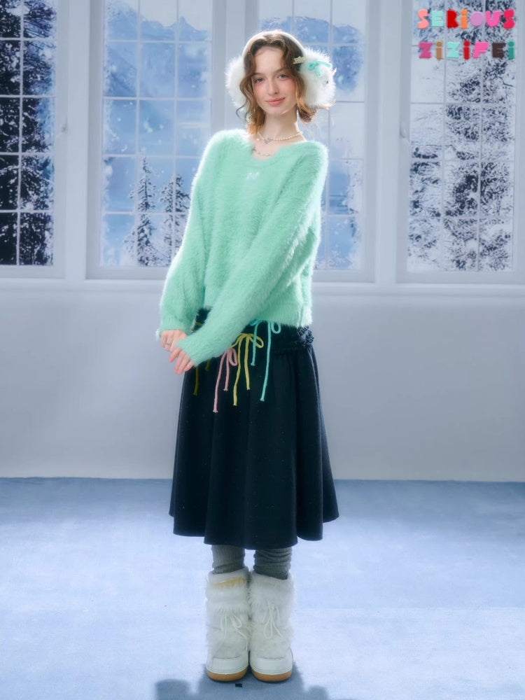 Small Bow Tie Warm  Soft Plush Thick Lazy Chain Loose Sweater【s0000015286】