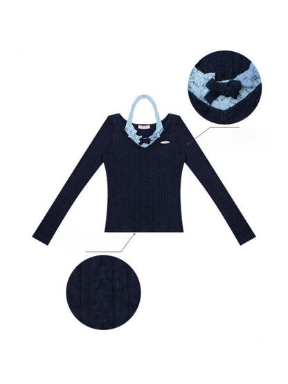Bows Halter-Neck Long-Sleeved T-Shirts Knitted Base Shirts【s0000015287】