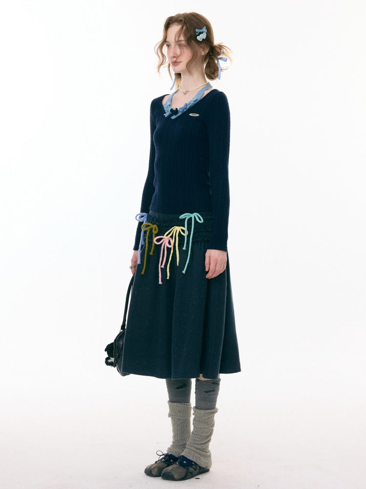 Bows Halter-Neck Long-Sleeved T-Shirts Knitted Base Shirts【s0000015287】