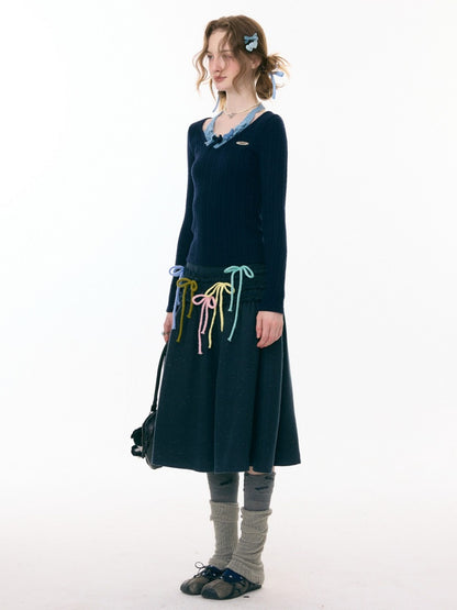 Bows Halter-Neck Long-Sleeved T-Shirts Knitted Base Shirts【s0000015287】