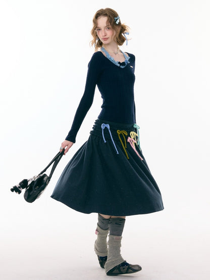 Bows Halter-Neck Long-Sleeved T-Shirts Knitted Base Shirts【s0000015287】