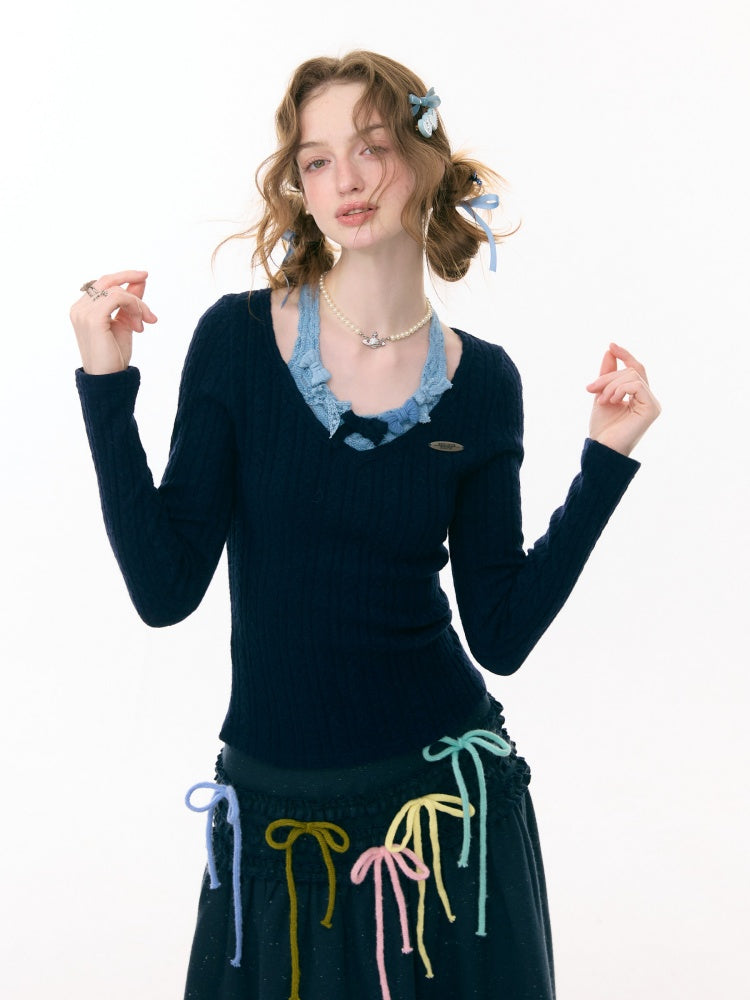 Bows Halter-Neck Long-Sleeved T-Shirts Knitted Base Shirts【s0000015287】