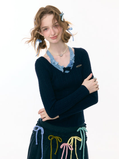 Bows Halter-Neck Long-Sleeved T-Shirts Knitted Base Shirts【s0000015287】