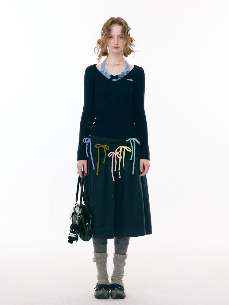 Bows Halter-Neck Long-Sleeved T-Shirts Knitted Base Shirts【s0000015287】