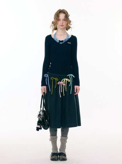 Bows Halter-Neck Long-Sleeved T-Shirts Knitted Base Shirts【s0000015287】