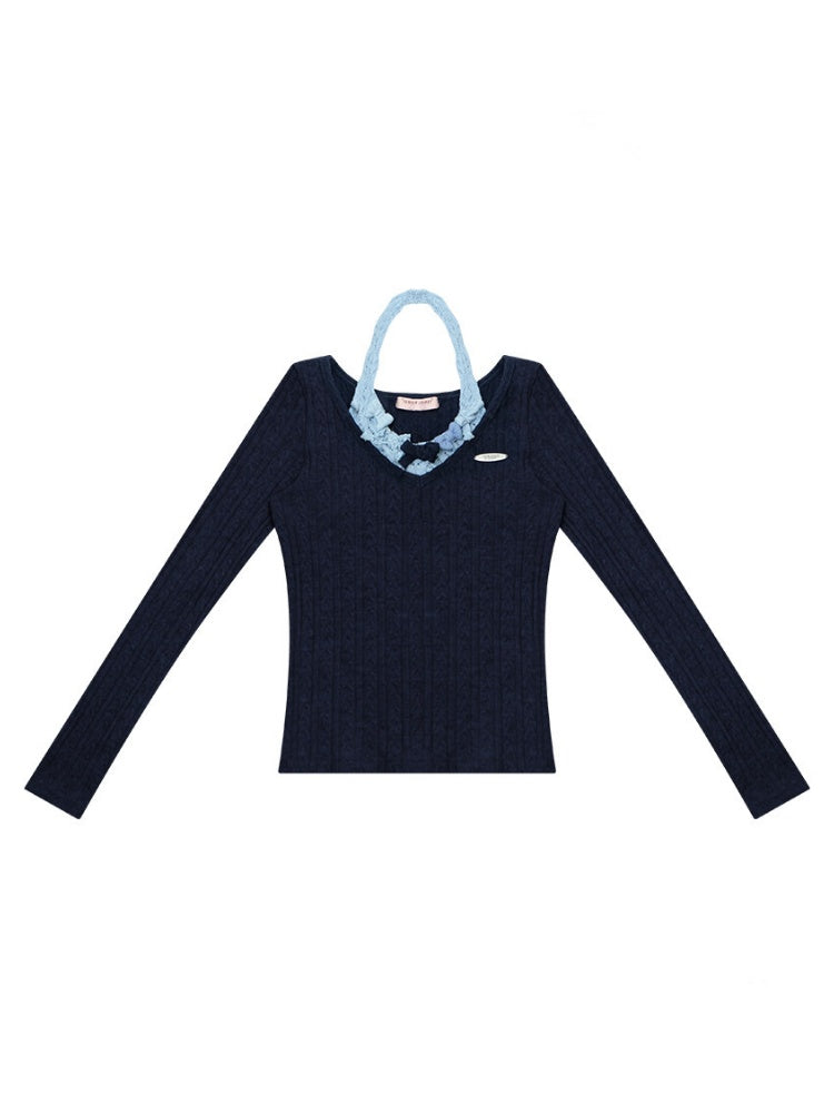 Bows Halter-Neck Long-Sleeved T-Shirts Knitted Base Shirts【s0000015287】