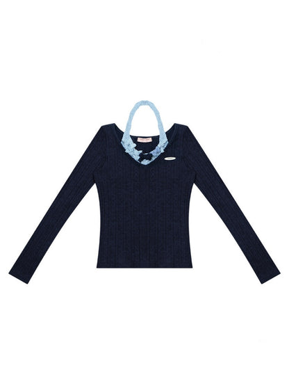 Bows Halter-Neck Long-Sleeved T-Shirts Knitted Base Shirts【s0000015287】