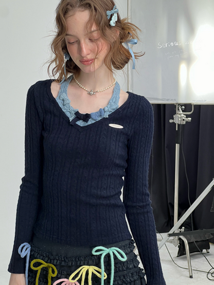 Bows Halter-Neck Long-Sleeved T-Shirts Knitted Base Shirts【s0000015287】