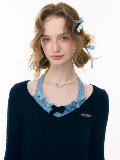 Bows Halter-Neck Long-Sleeved T-Shirts Knitted Base Shirts【s0000015287】