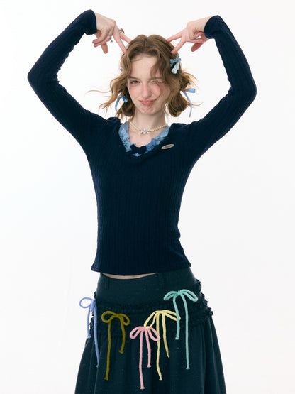 Bows Halter-Neck Long-Sleeved T-Shirts Knitted Base Shirts【s0000015287】