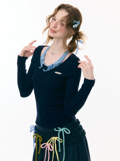 Bows Halter-Neck Long-Sleeved T-Shirts Knitted Base Shirts【s0000015287】