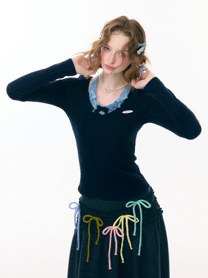 Bows Halter-Neck Long-Sleeved T-Shirts Knitted Base Shirts【s0000015287】