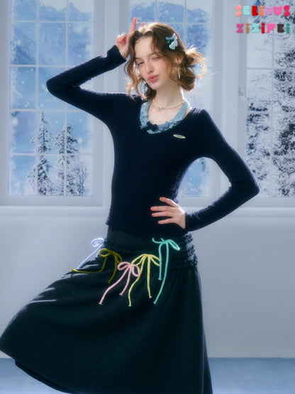 Bows Halter-Neck Long-Sleeved T-Shirts Knitted Base Shirts【s0000015287】