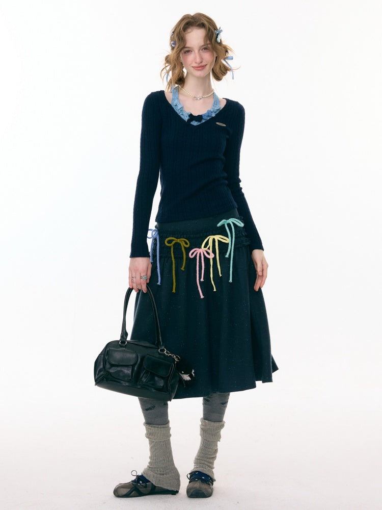 Bows Halter-Neck Long-Sleeved T-Shirts Knitted Base Shirts【s0000015287】