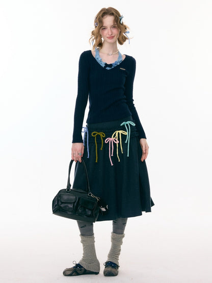 Bows Halter-Neck Long-Sleeved T-Shirts Knitted Base Shirts【s0000015287】