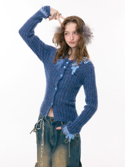 Fog Port Fleece Pit Striped Tassel Bow Sweater Cardigan Jacket【s0000015288】