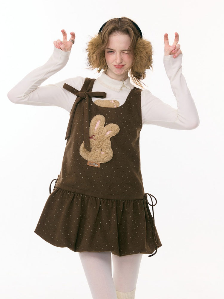 Polka Dot Rabbit Plush Pocket Hem Vest Dress【s0000015289】