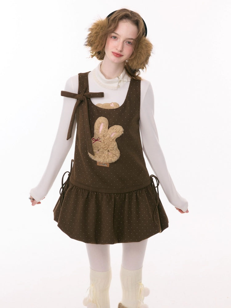 Polka Dot Rabbit Plush Pocket Hem Vest Dress【s0000015289】