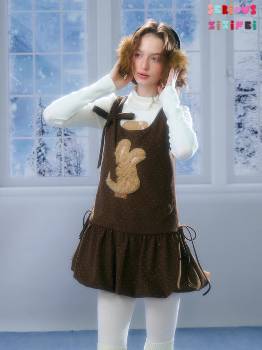 Polka Dot Rabbit Plush Pocket Hem Vest Dress【s0000015289】
