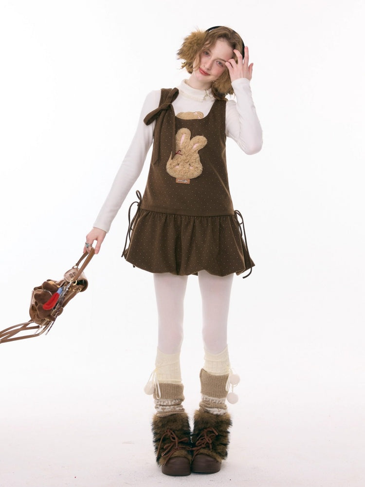 Polka Dot Rabbit Plush Pocket Hem Vest Dress【s0000015289】