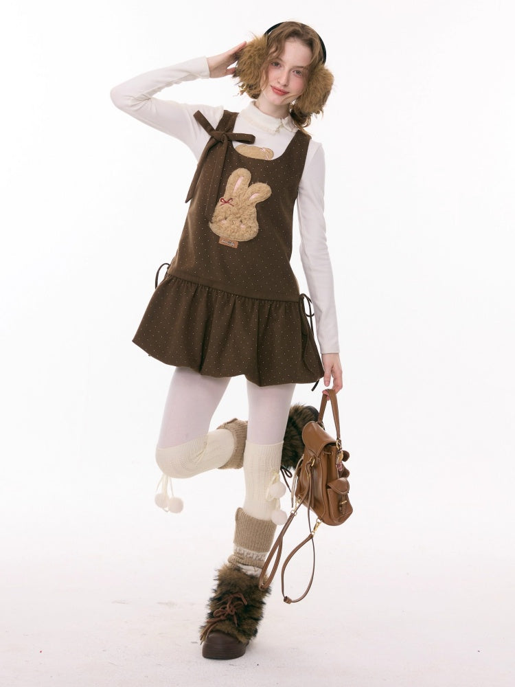 Polka Dot Rabbit Plush Pocket Hem Vest Dress【s0000015289】