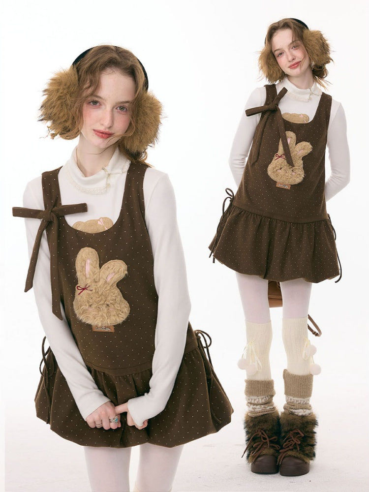 Polka Dot Rabbit Plush Pocket Hem Vest Dress【s0000015289】
