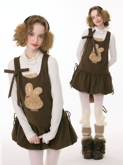Polka Dot Rabbit Plush Pocket Hem Vest Dress【s0000015289】