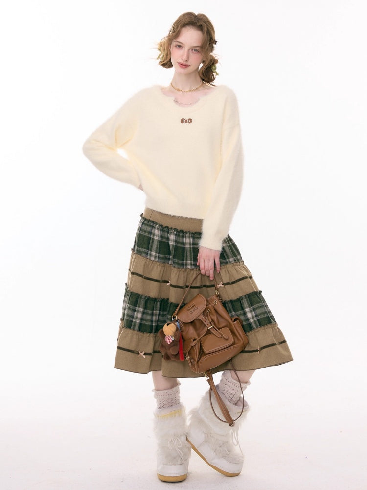 Splicing Plaid High Waist Slimming Mid-Length Skirt【s0000015291】