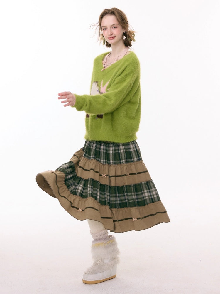 Splicing Plaid High Waist Slimming Mid-Length Skirt【s0000015291】