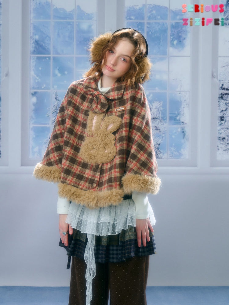 Fairy Tale Adventure Rabbit Plaid Plush Cloak Shawl Jacket【s0000015292】