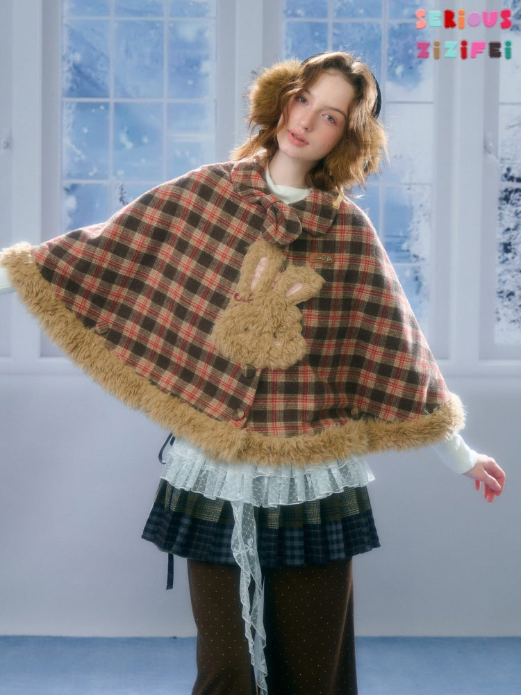 Fairy Tale Adventure Rabbit Plaid Plush Cloak Shawl Jacket【s0000015292】