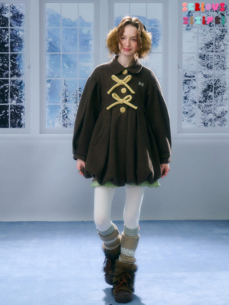 Fluffy Doll Collar Bow Bud Hem Woolen Coat Jacket【s0000015293】