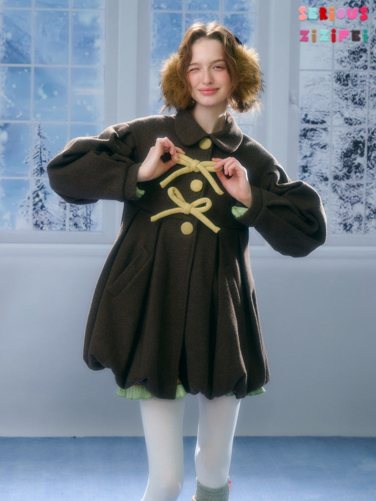 Fluffy Doll Collar Bow Bud Hem Woolen Coat Jacket【s0000015293】